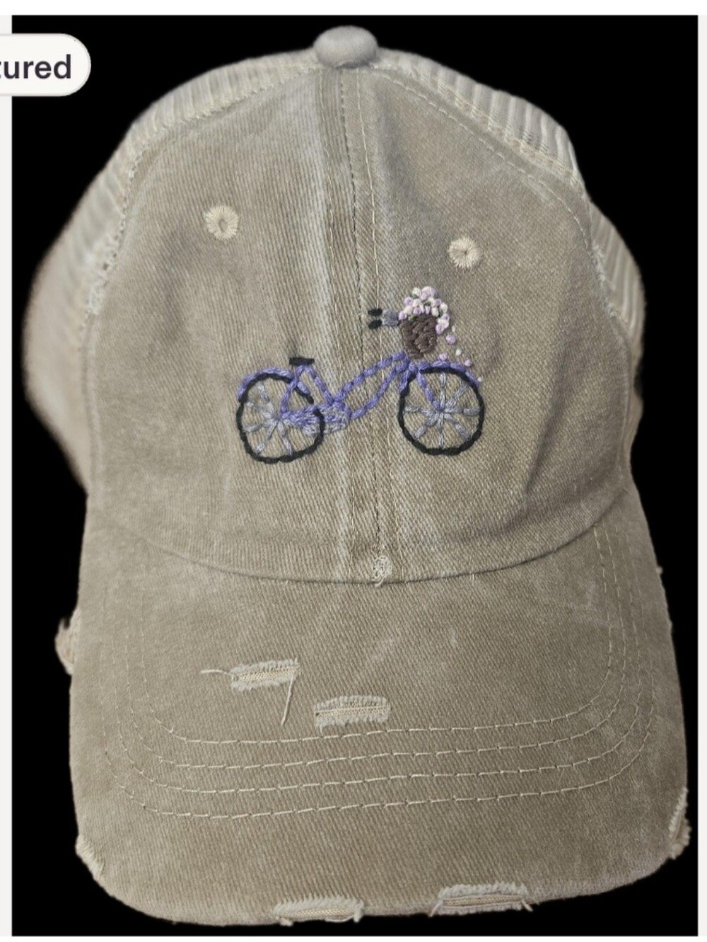 Baseball Cap with Hand Embroidered Bicycle and Flowers